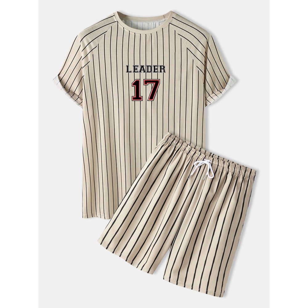 Mens Letter 17 Print Striped Raglan Sleeve Drawstring Shirts Shorts - White S