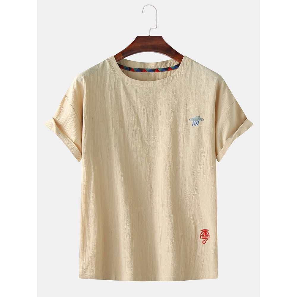 Mens Fashion Little Cloud Cartoon Embroidery Breathable O-Neck Casual T-Shirts - White S