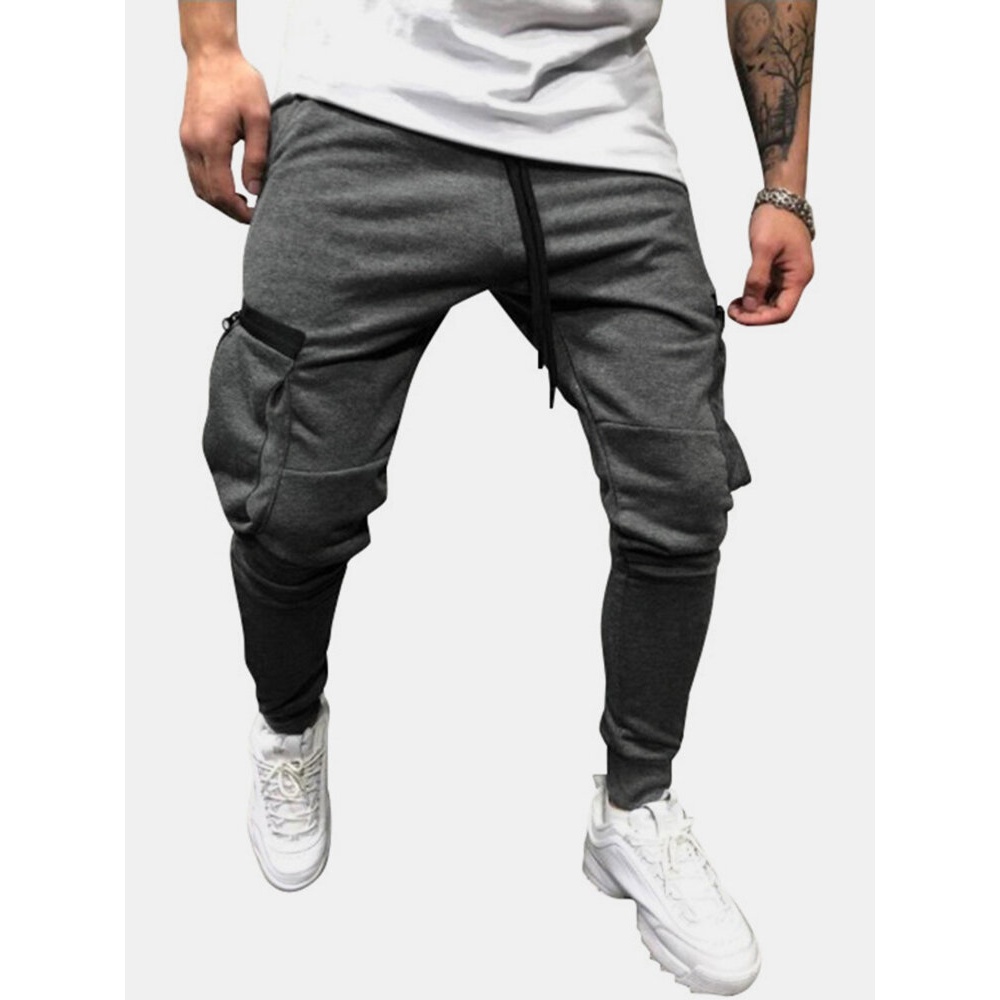 Mens Zipper Pockets Drawstring Waist Casual Solid Jogger Pants - Grey S
