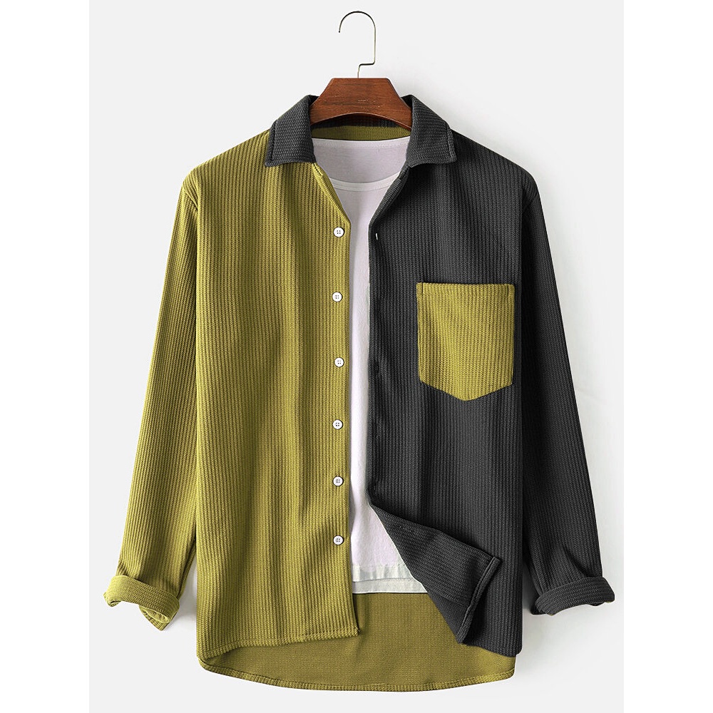 Mens Patchwork Knitting Jacquard Texture Button Up Long Sleeve Shirts With Pocket - Army Green S