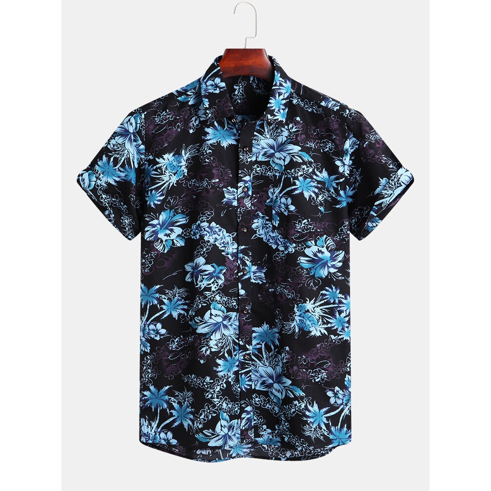 Mens Summer Vacation Floral Printing Hawaiian Shirts - XL Blue