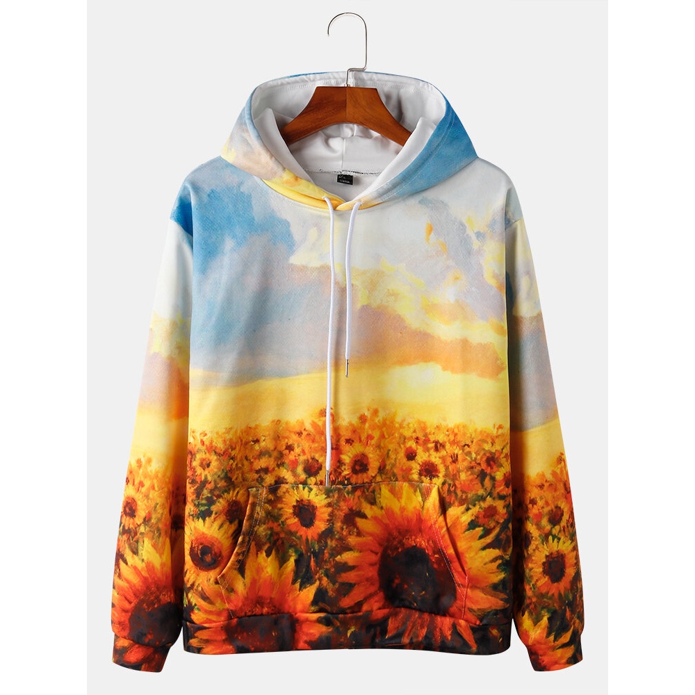Mens All Over Flower Printed Pouch Pocket Drawstring Pullover Hoodies - Yellow 2XL