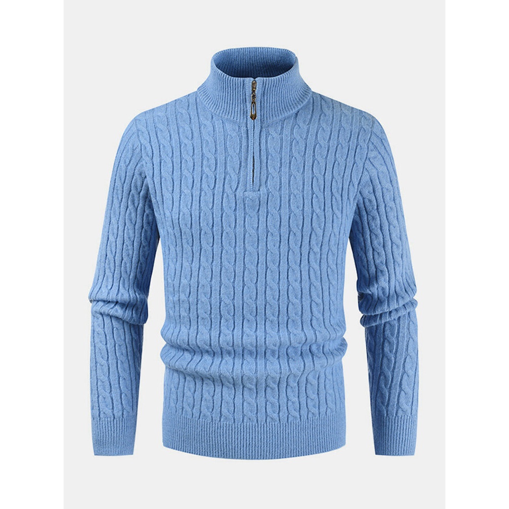 Mens Solid Color Twist Knit Half Zipper High Neck Winter Warm Sweater - M Gray