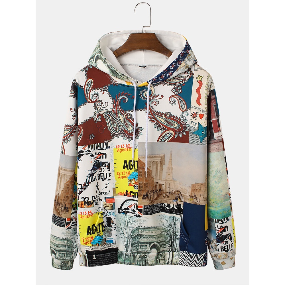 Mens Paisley Print Landscape Painting Pattern Drawstring Hoodies - White S