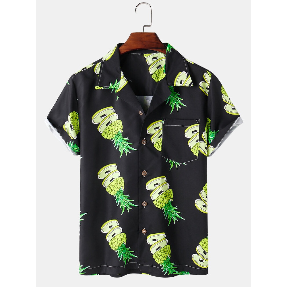 Funny Pineapple Print Mens Casual Short Sleeve Shirts With Pocket - Black S