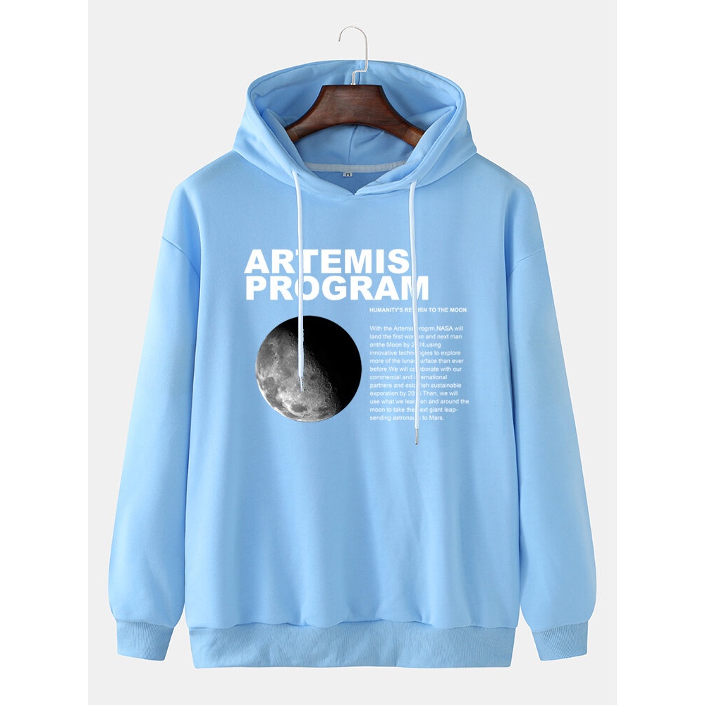 Mens Moon Graphic Letter Print Simple Long Sleeve Casual Hoodies - Black L