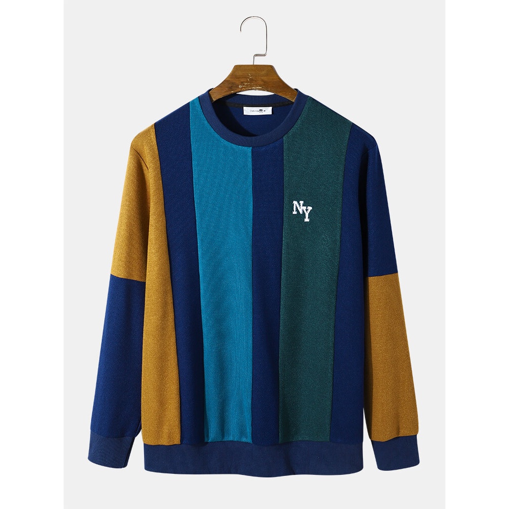 Mens Embroidery Letter Vertical Striped Crew Neck Retro Sweatshirt - Royal Blue S