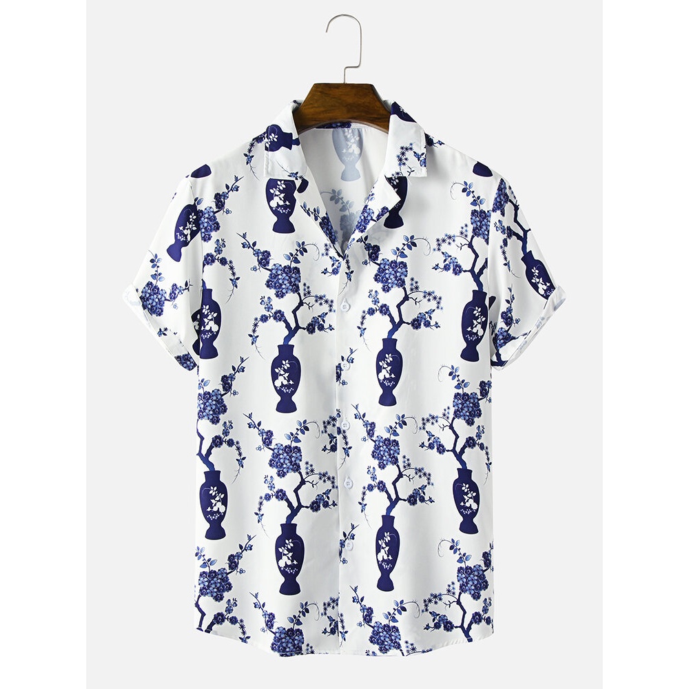 Mens Ethnic Style Porcelain Print Revere Collar Shirt - White S