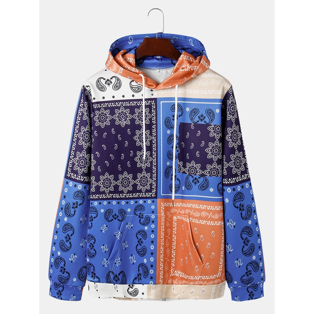 Mens Paisley Ethnic Style Print Color Block Long Sleeve Pocket Vintage Hoodies - Blue M