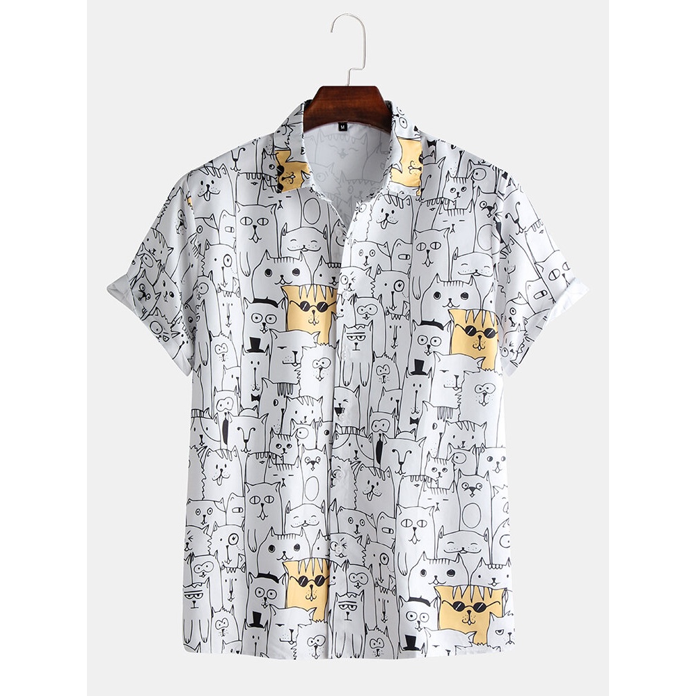 Funny Carton Cool Cats Print Breathable Short Sleeve Casual Holiday Shirts - 2XL White