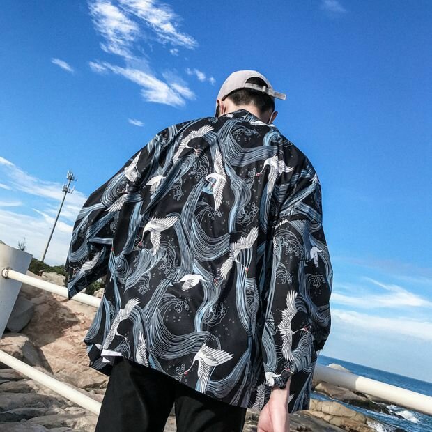 Season Thin Retro Ukiyo-e Painted Crane Loose Kimono Robe Jacket Men's Tide Seven-point Sleeve Cardigan Lovers Shirt - M KB big crane shirt blue - Image 2
