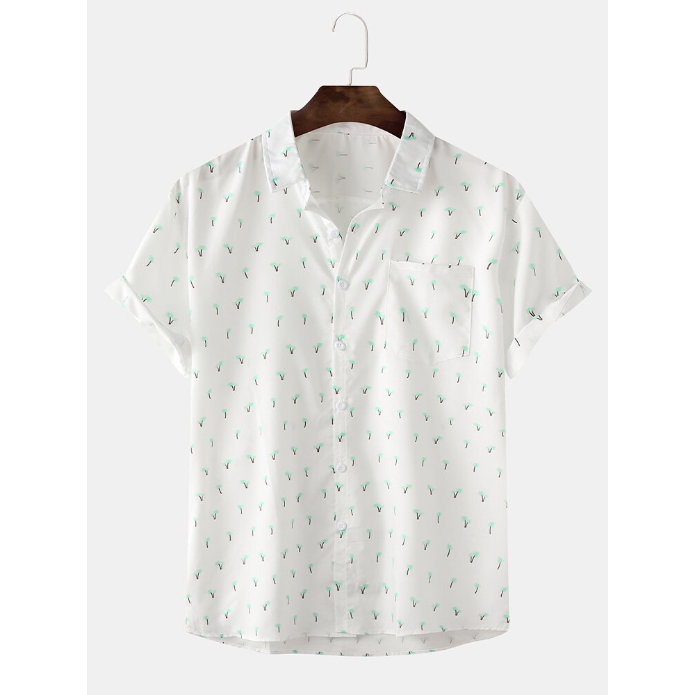 Men Casual Cotton Graffiti Little Tree Print Turn Down Collar Short Sleeve Shirts - White 2XL