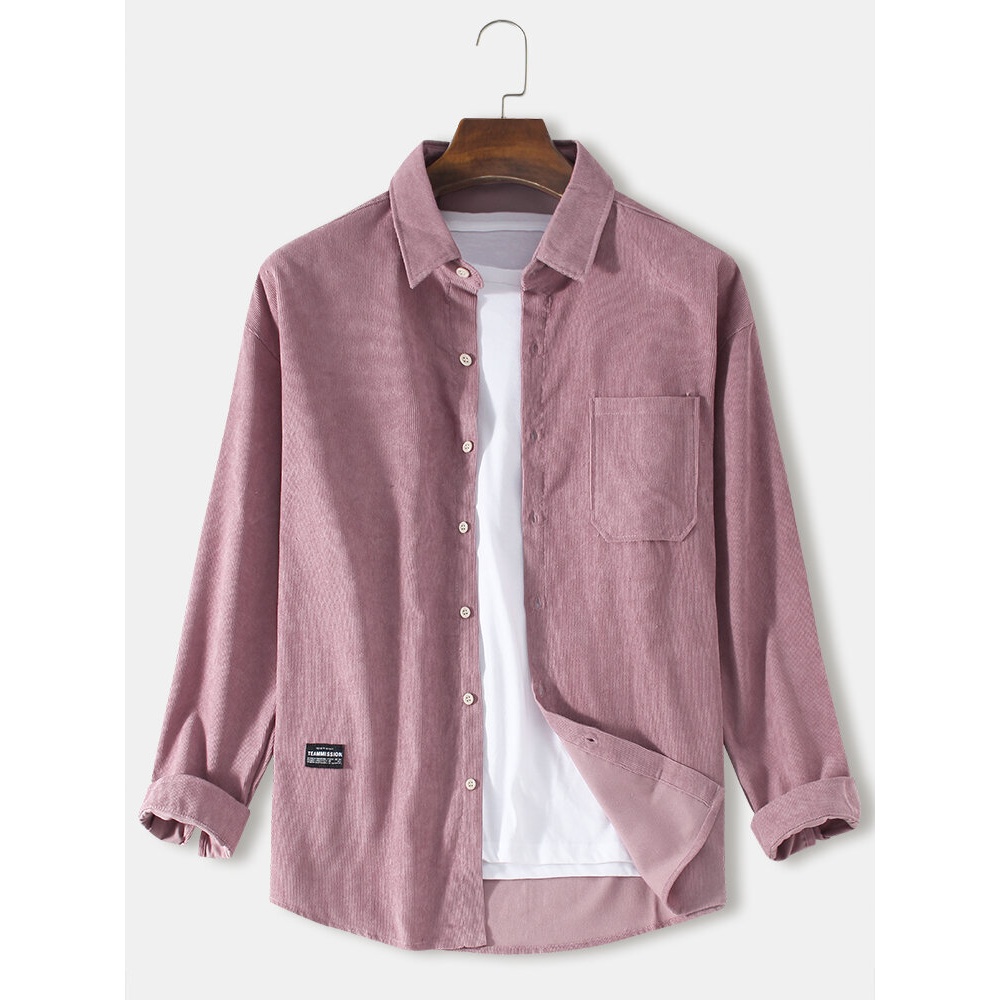 Mens Corduroy Solid Turn Down Collar Long Sleeve Shirts - Blue S