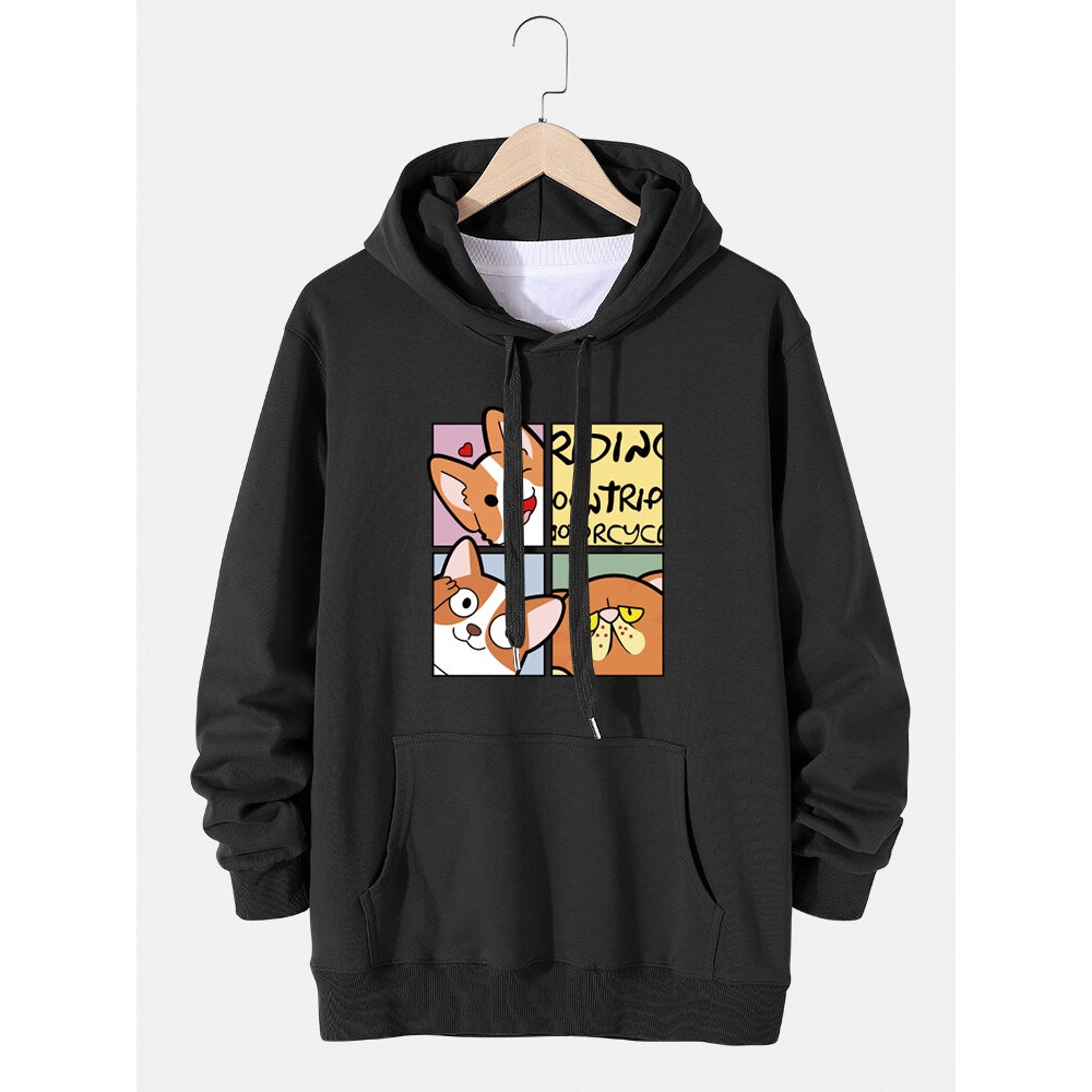 Mens Cute Cartoon Dog Graphic Cotton Pouch Pocket Casual Drawstring Hoodies - Wine Red M