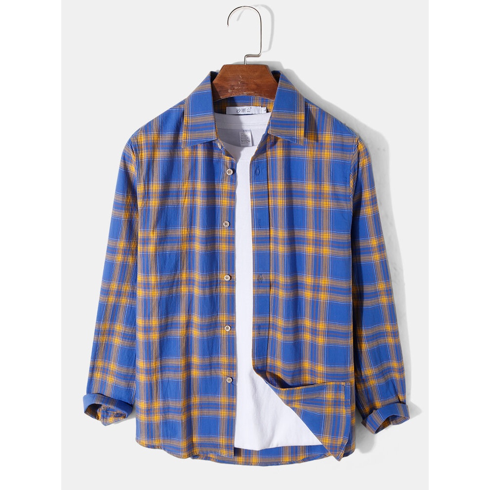 Mens Plaid Print Lapel Button Up Preppy Long Sleeve Shirts - White S