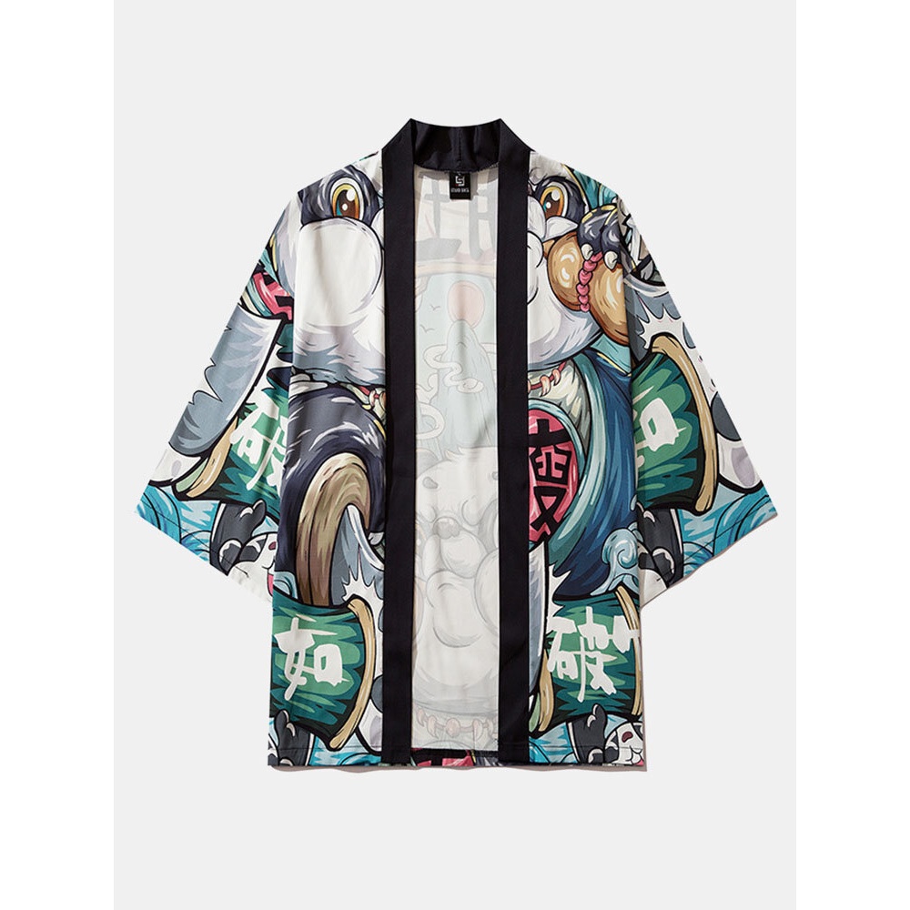 Mens Chinese Cartoon Panda Print Open Front Kimono - Multicolor L