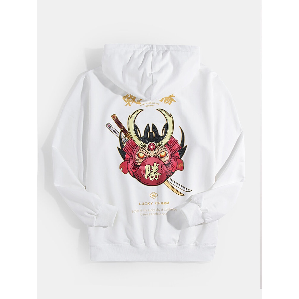 Mens Cotton Text & Cartoon Back Graphics Ukiyoe Ethnic Style Pocket Hoodies - L White