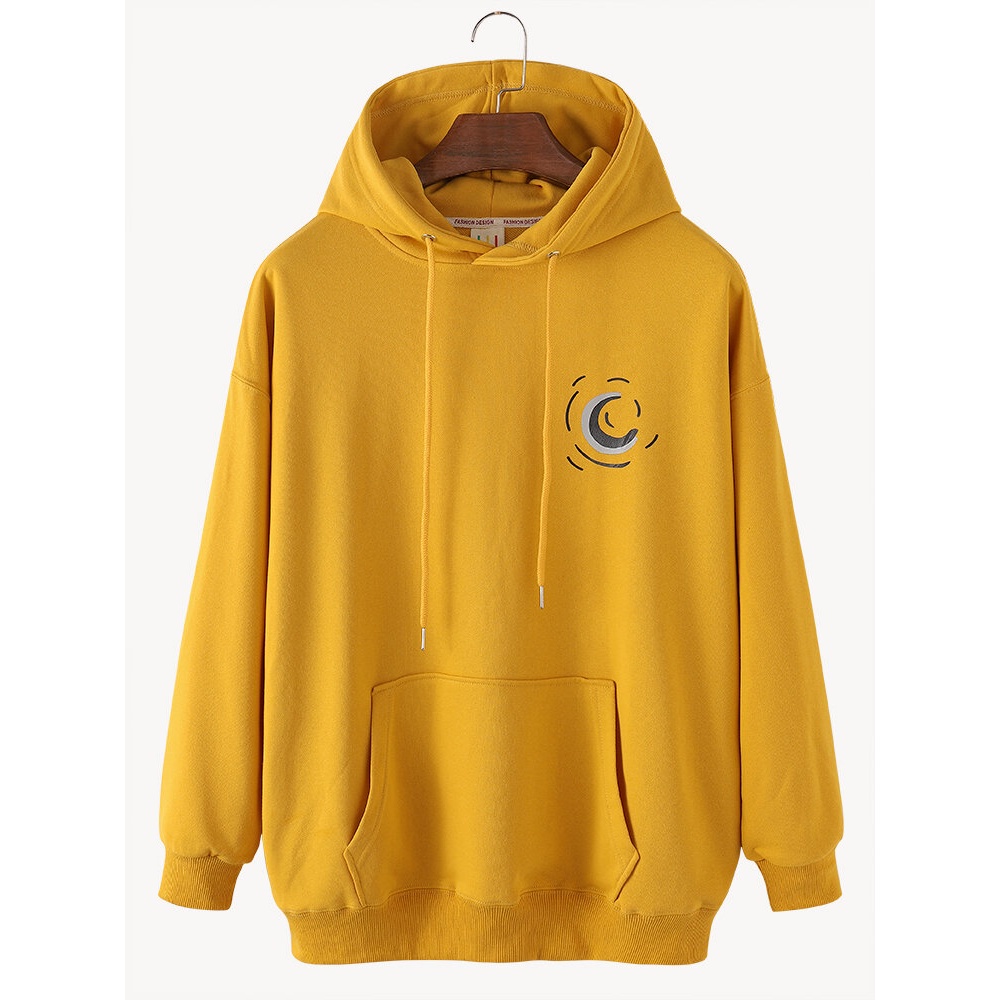 Mens Abstract Print Kangaroo Pocket Drop Shoulder Cotton Simple Hoodies - White M