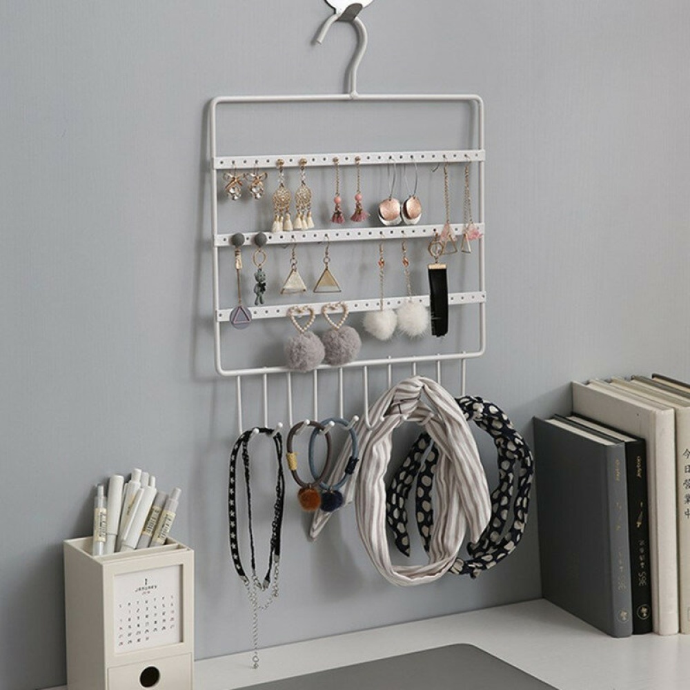 72 Holes 10 Hooks Wall Hanging Earring Jewelry Display Stand Storage Rack Metal Hanging Shelf With Hooks Space Save Jewelry Organizer Holder - White - Image 2