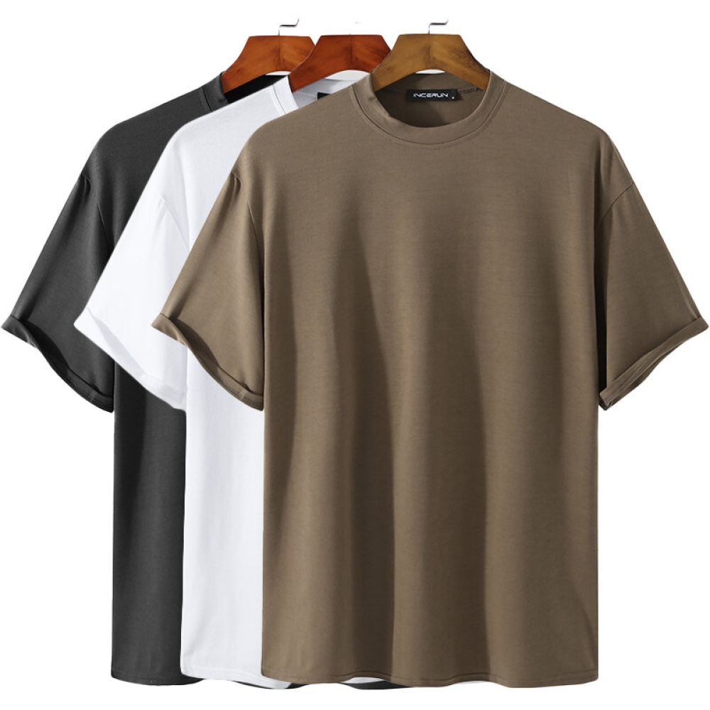 Round Neck Short-Sleeved Tops Solid Color Casual T-shirt Comfortable And Breathable Men's Tops Short-Sleeved - Black S
