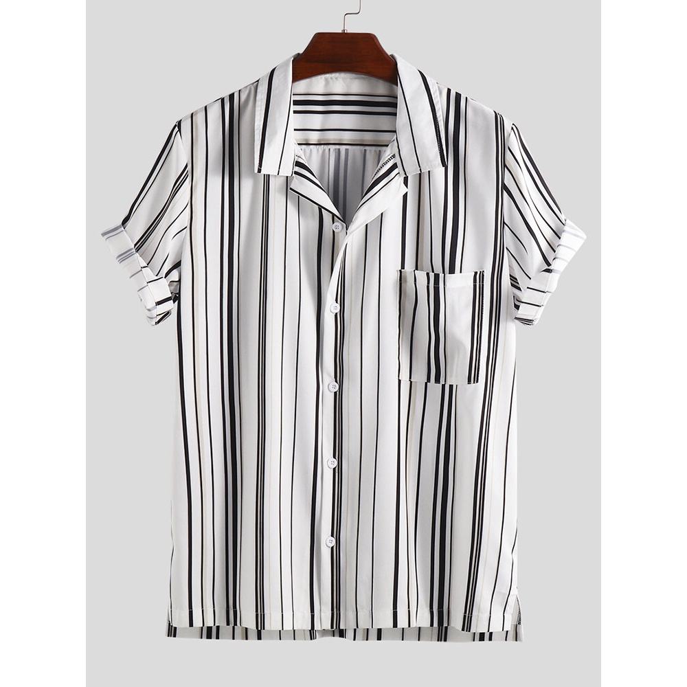 Mens Summer Short Sleeve Stylish Striped Shirts - M Brown