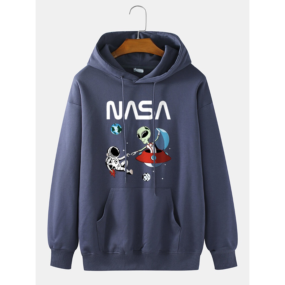 Mens Astronaut Alien Cartoon Print 100% Cotton Casual Loose Pullover Hoodie - White M
