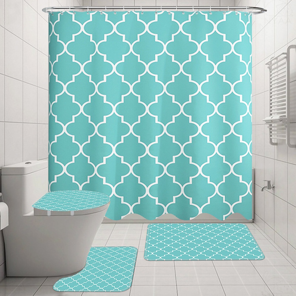 Bathroom Waterproof Flower Style Decoration Shower Curtain Set Bath Base Carpet Lid Toilet Cover Set - Light Blue 4Pcs Set - Image 2