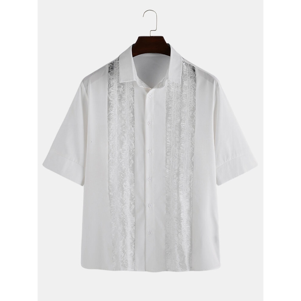 Mens Hollow Out Lace Patchwork Half Sleeve Slim Shirts - Black S