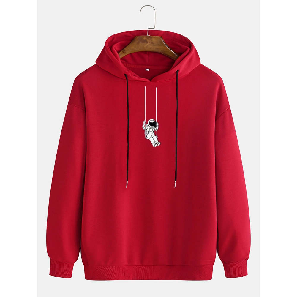 Mens Cartoon Astronaut Graphic Print Solid Drawstring Pullover Hoodie - Black M