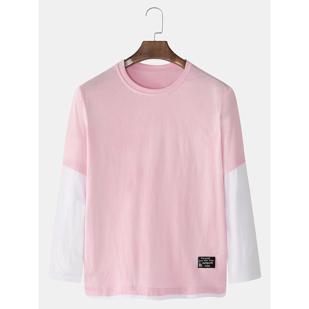 Cotton Patchwork Contrast Colors Cotton Casual Long Sleeve T-Shirts - Pink S