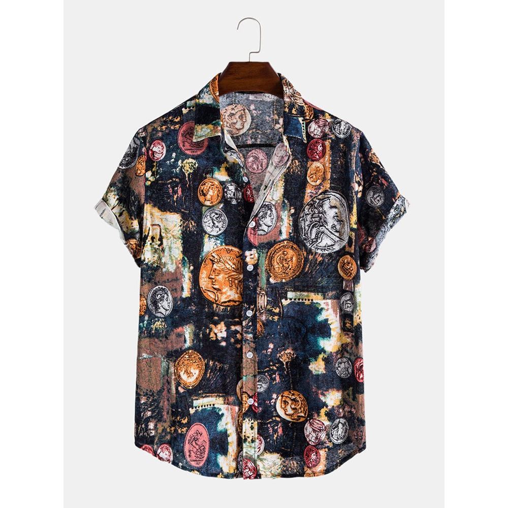 Mens Multi Pattern Print Button Up Casual Shirts - Black XS