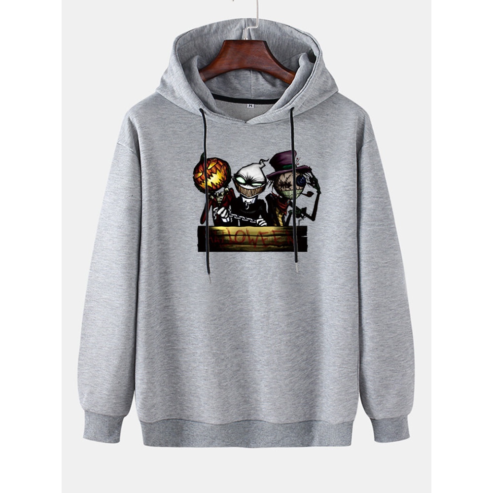 Mens  Funny Pumpkin Print Drop Shoulder Long Sleeve Drawstring Hoodies - Red L