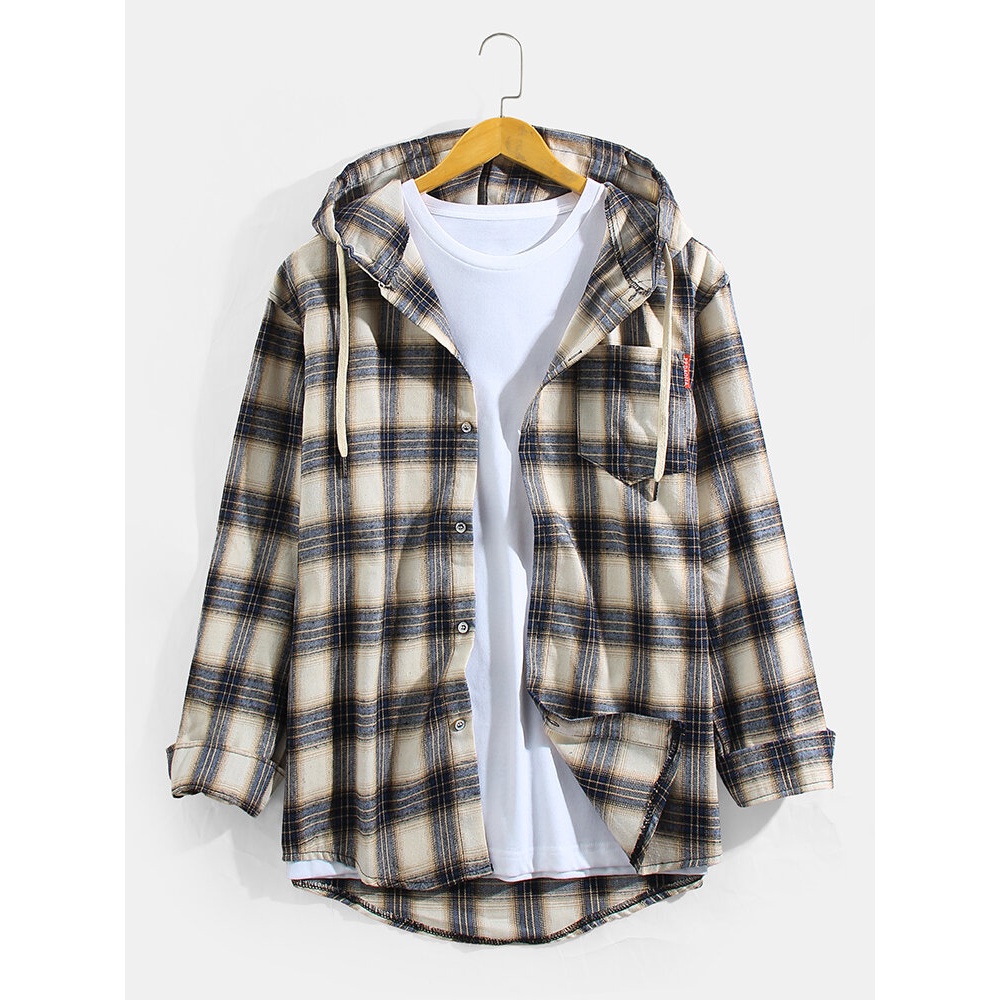 Mens Vintage Plaid Hooded Long Sleeve Shirts With Chest Pocket - 2XL Yellow