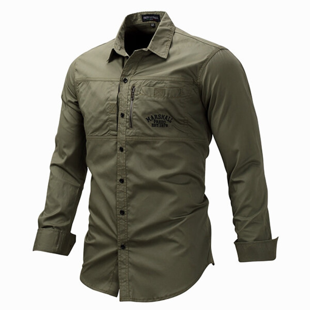 Outdoor Military Style Chest Zipper Pocket Long Sleeve Lapel Cotton Work Shirt for Men - M Dark Blue
