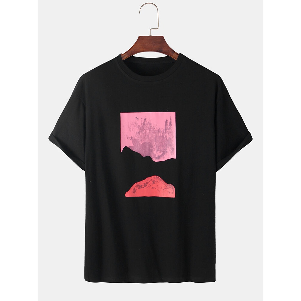 Mens Landscape Print Cotton Loose Casual Short Sleeve T-Shirts - Black L