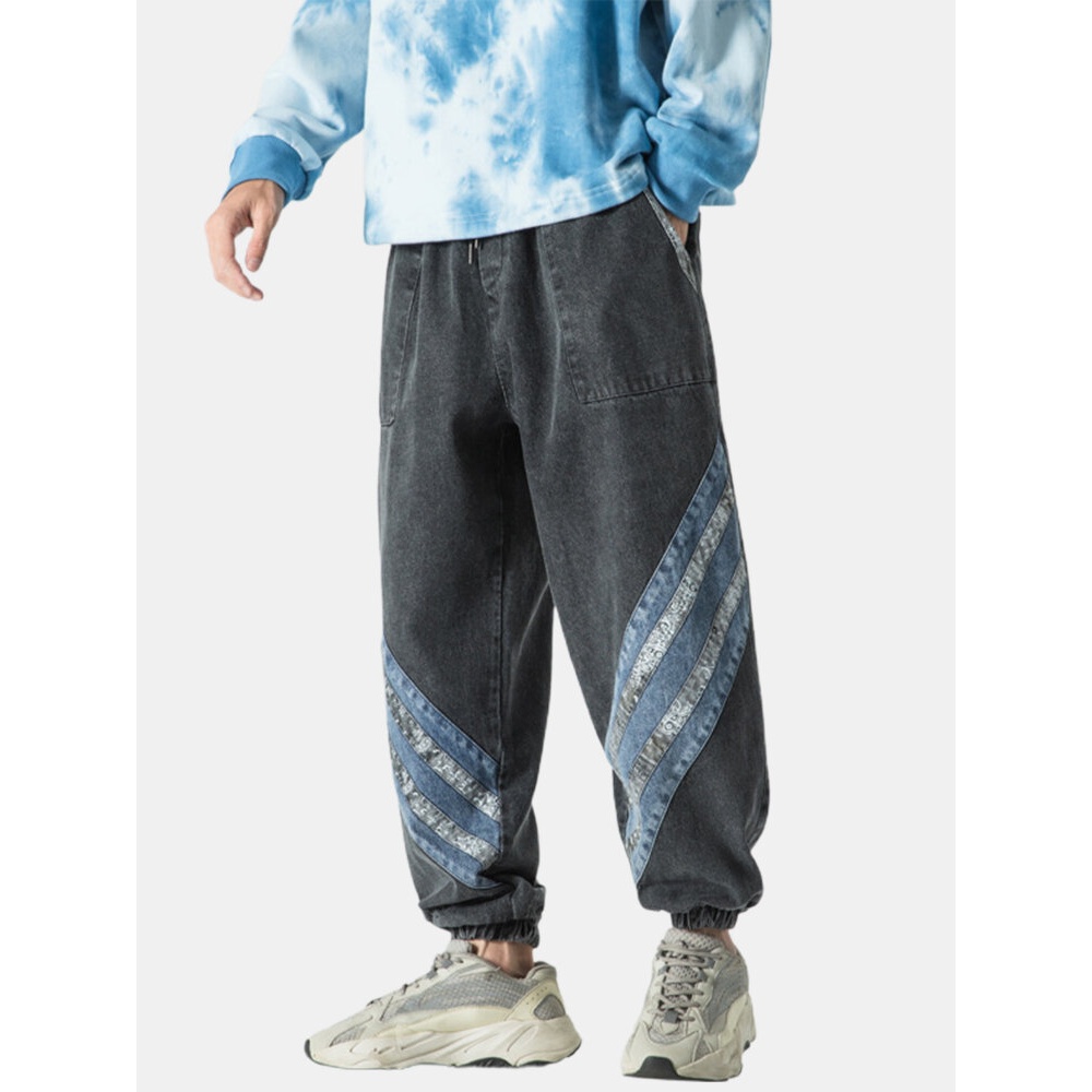 Mens Patchwork Pocket Elastic Waist Harlan Jeans - XL Black