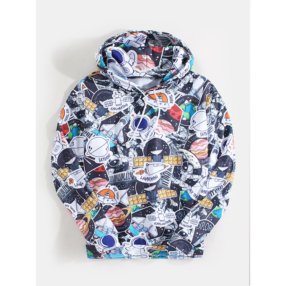 Mens Allover Cartoon Print Rocket Astronaut Print Kangaroo Pocket Long Sleeve Hoodies - Black 3XL