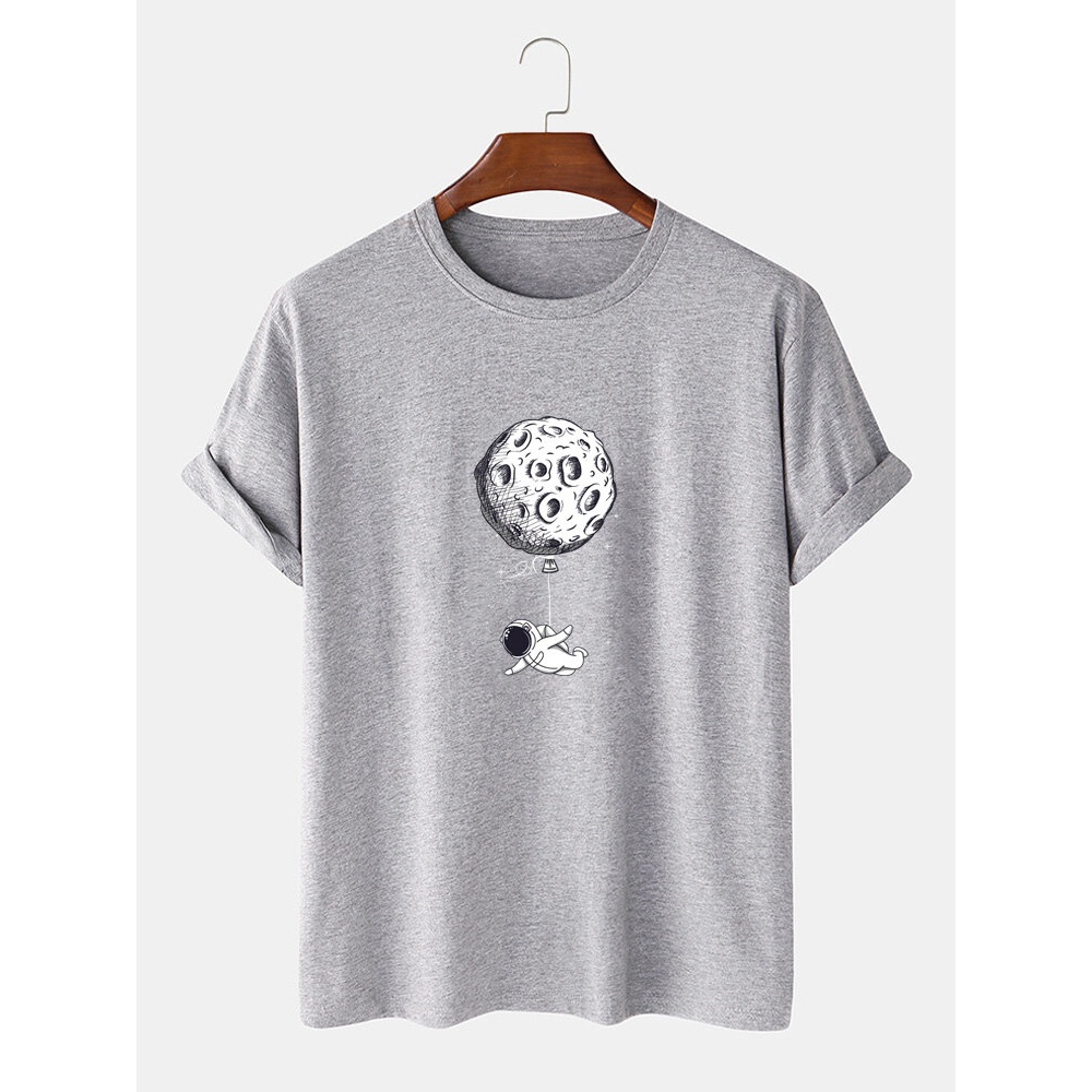 Funny Astronaut Print 100% Cotton Short Sleeve Loose T-Shirts - Grey XL