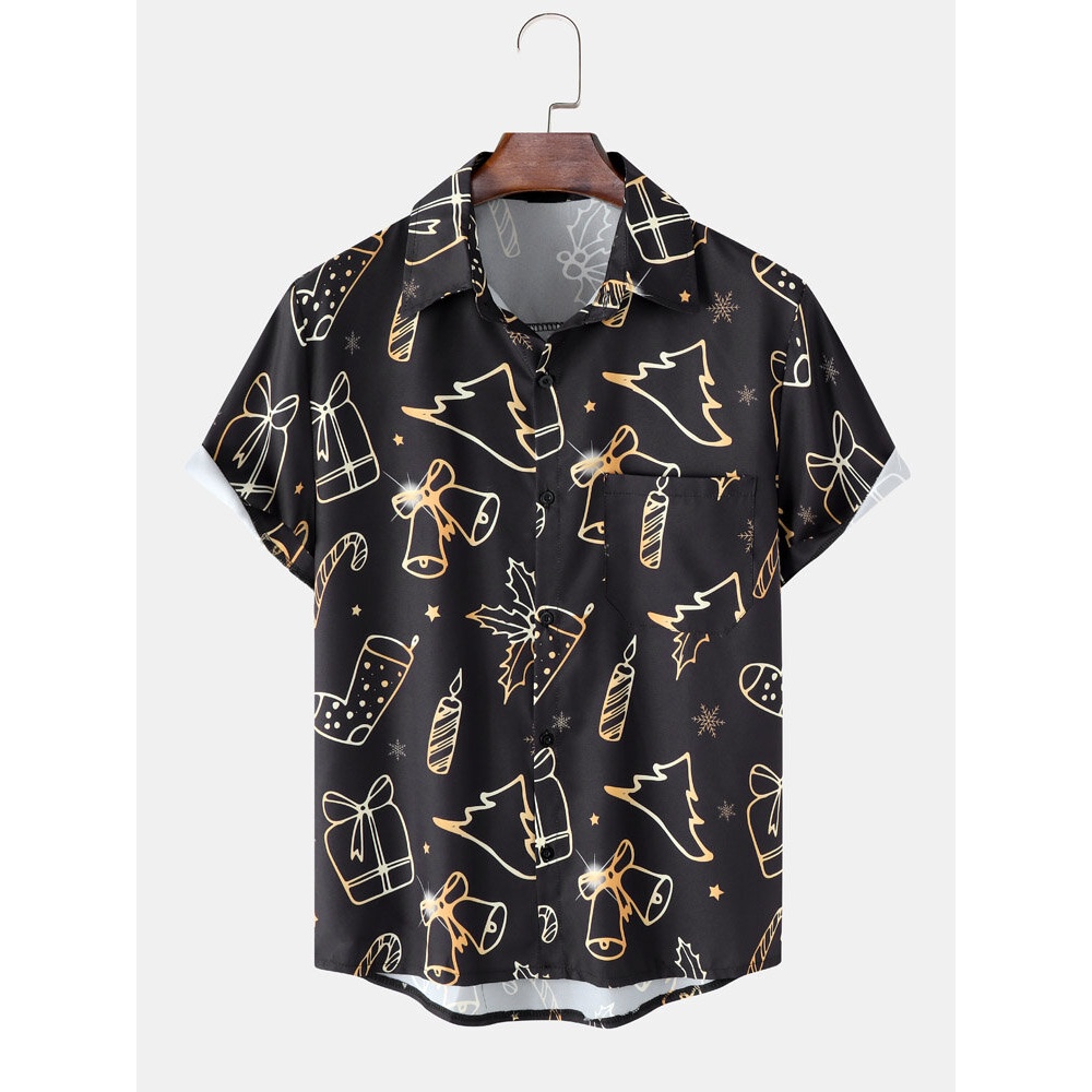 Men  Gift Tree Printed Chest Pocket Casual Shirts - Black M