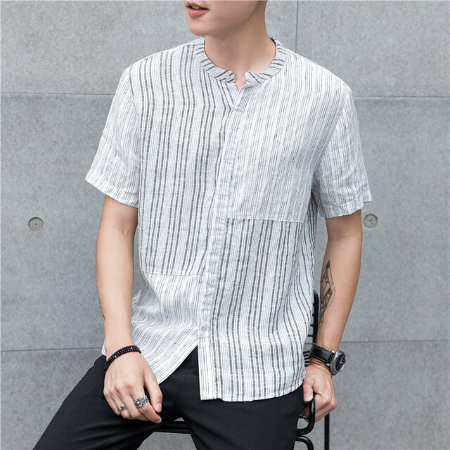 Japanese Season Striped Stand Collar Personality Men's Shirt Youth Short Sleeve Loose Flow Handsome Casual Shirt Men's Clothing - XL white - Image 2