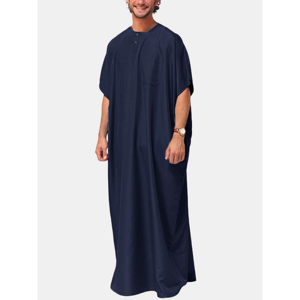 Mens Ethnic Solid Color Pocket Robe Short Sleeve Casual Long Shirts - S Green