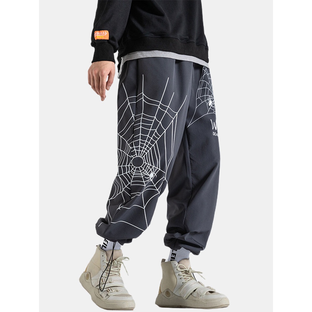 Mens Spider Web Letter Print Cotton Drawstring Cuff Pants - Grey S