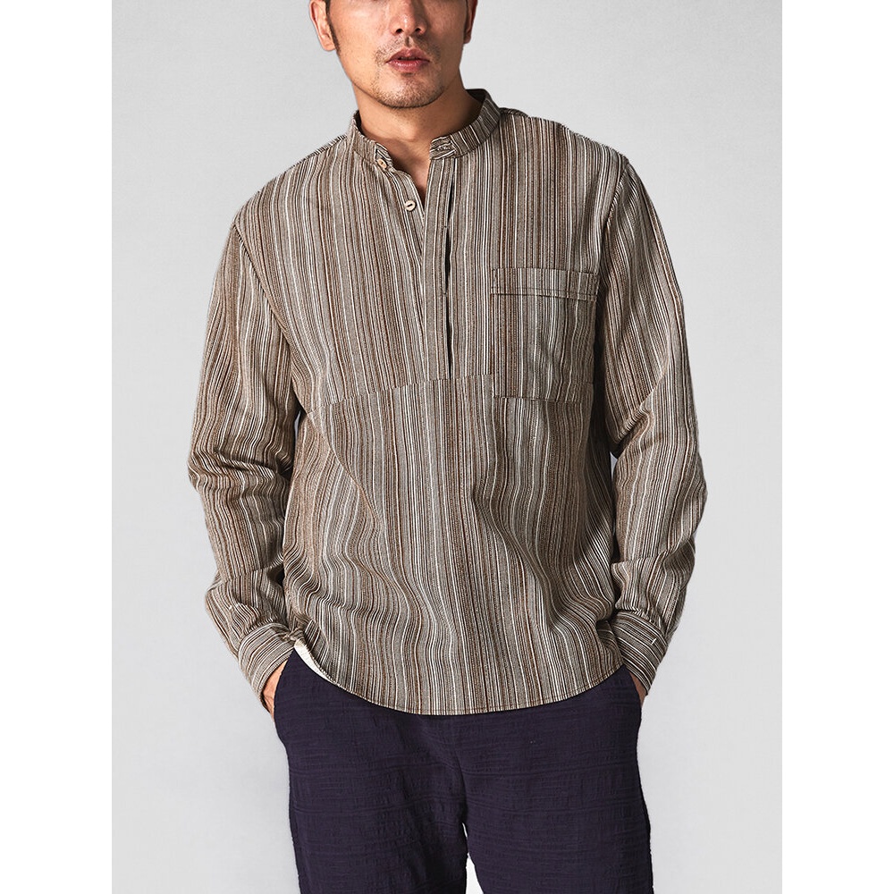 Mens Linen Cotton Vintage Loose Pocket Popover Shirts - M Coffee