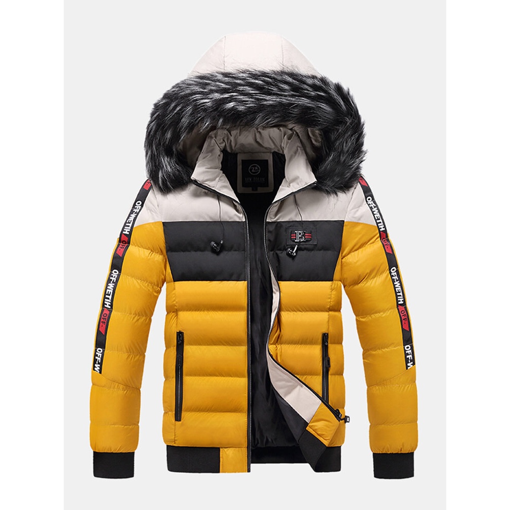 Mens Side Letter Pattern Side Pocket Thicken Fur Removable Hooded Down Jacket - S Red