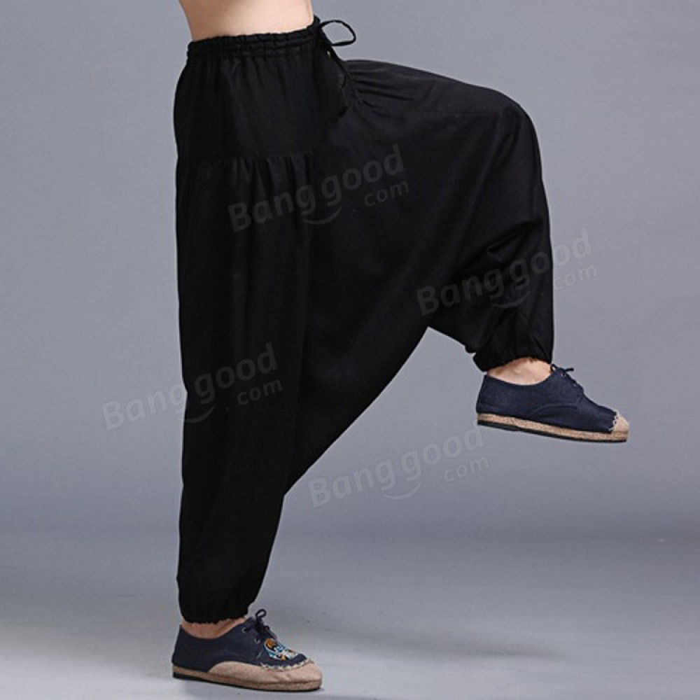 Men Yoga Loose Drop Crotch Pants Male Casual Harem Pants Elastic Cotton Linen Bloomers Trousers - M Coffee - Image 2