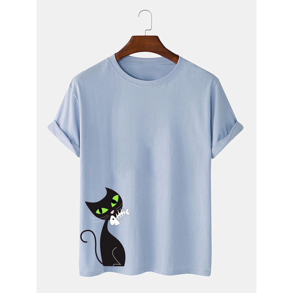 Cartoon Black Cat Print Cotton Breathable Short Sleeve T-Shirts - Blue S