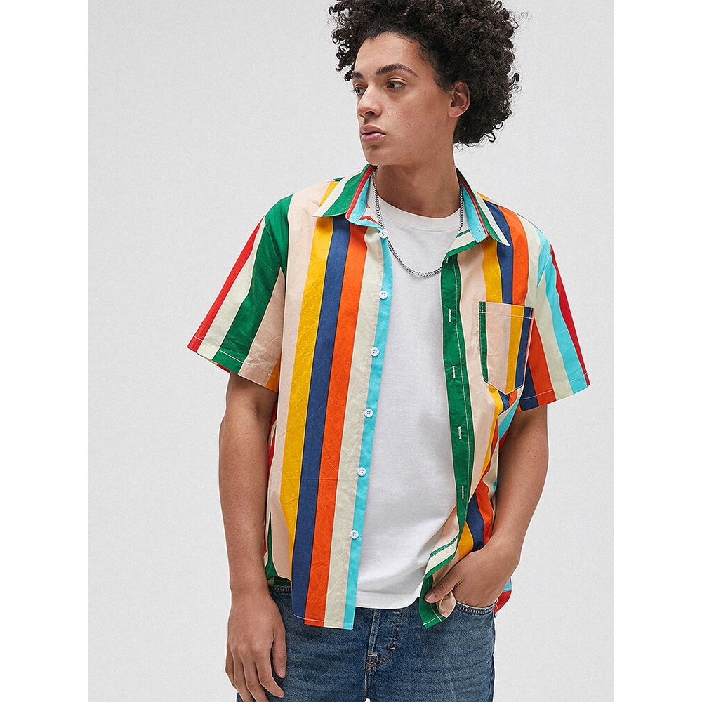 Mens Colorful Stripe 100% Cotton Breathable Pocket Casual Shirts - Yellow XL