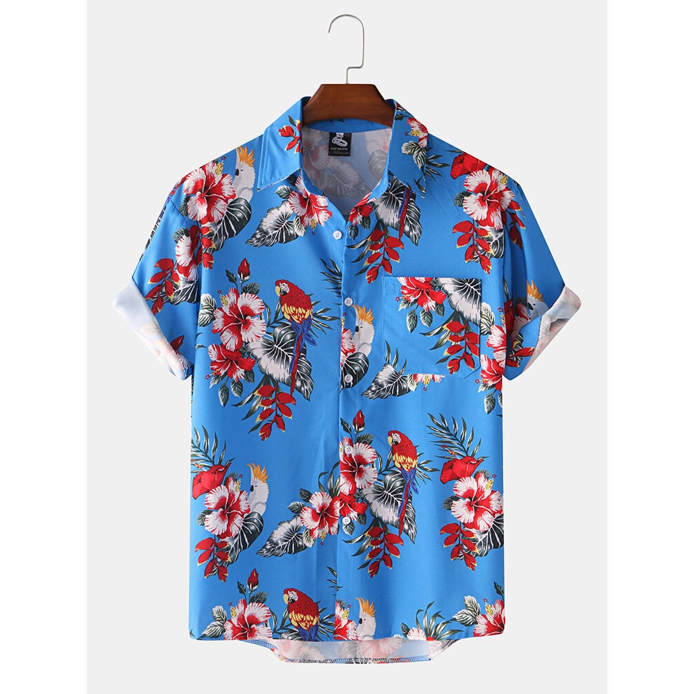 Mens Chinese Style Practical Pocket Short Sleeve Shirts - L Blue