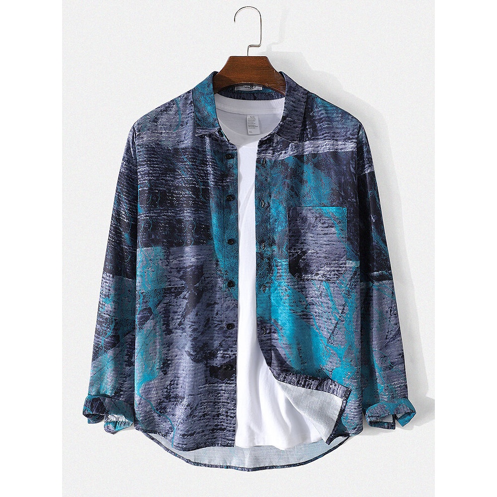 Mens Texture Tie-Dye Print Designer Lapel Long Sleeve Shirt - Blue S