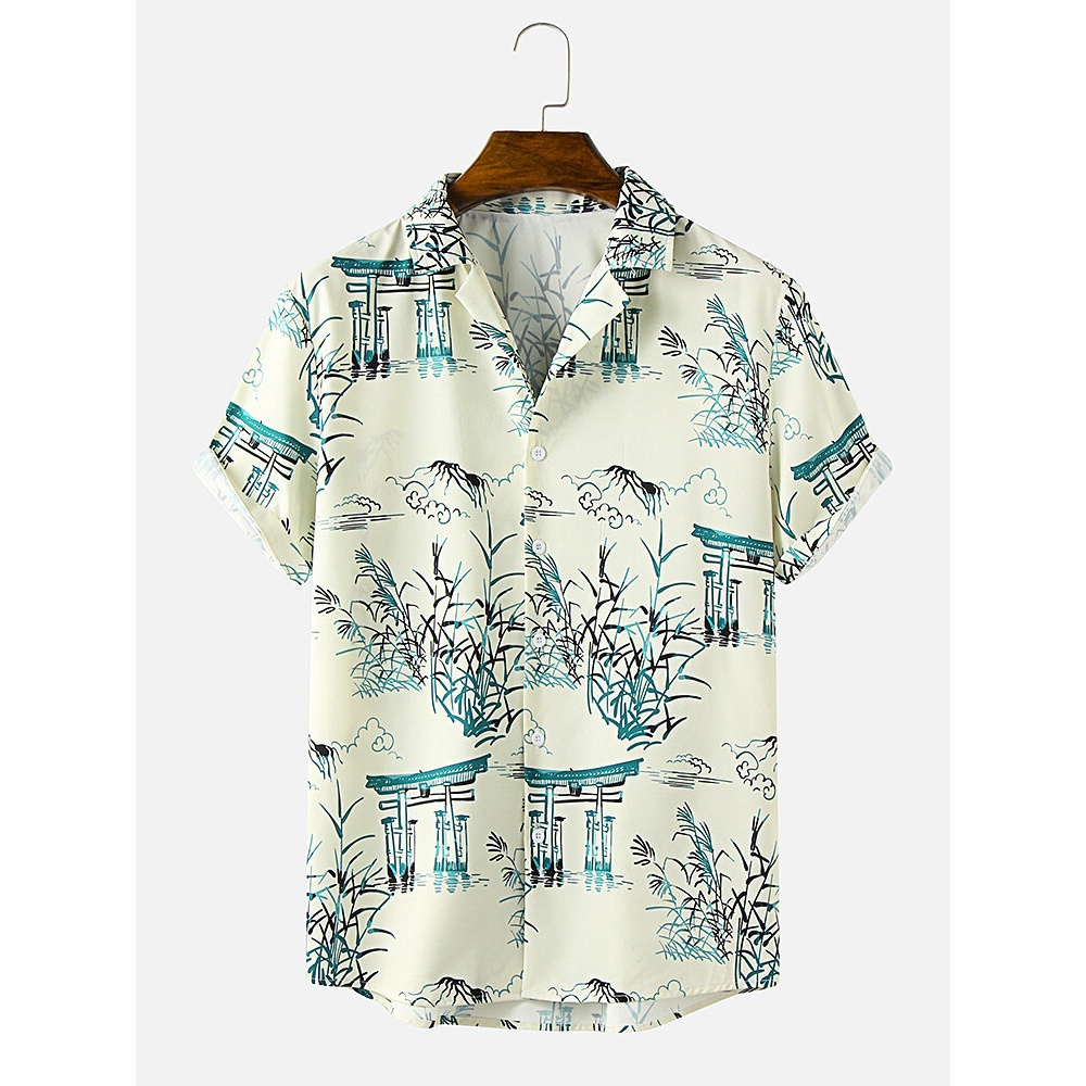 Mens Ethnic Style Landscape Print Revere Collar Short Sleeve Shirt - White S